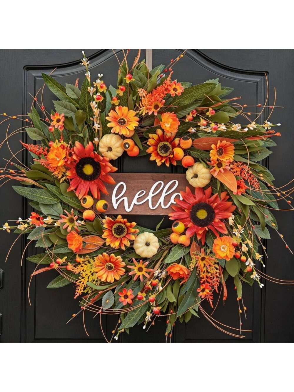 24-Inch Fall Wreath for Front Door Decor with Hello Sign - Autumn Home Accent